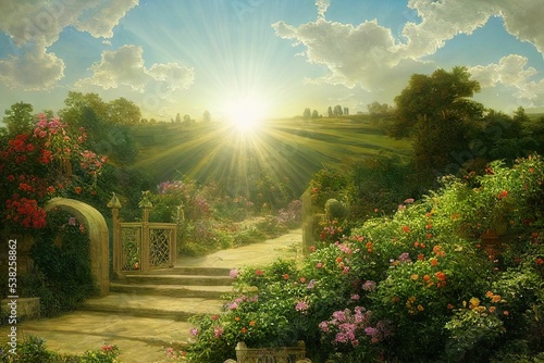Garden illustration landscape art pathway heaven artwork paradise sun light
flowers nature background sky clouds faith religion dream 
