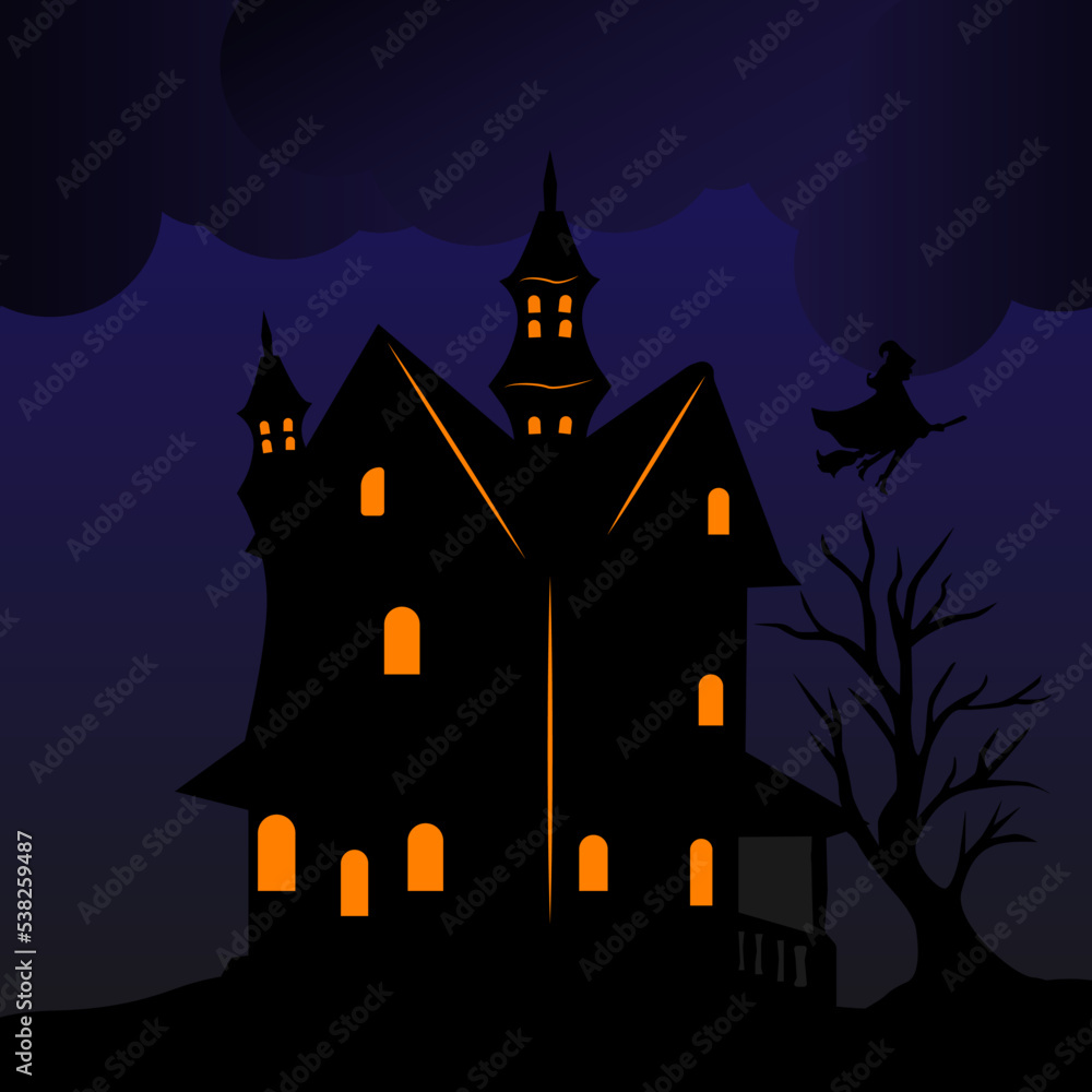 Halloween witch house and haunted tree with horror purple clouds