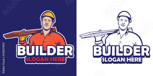 The Builder Mascot Logo Cartoon . Thumbs up builder man character. logo template for any business identity architecture, property, real estate, housing solutions, home staging, building engineers, etc