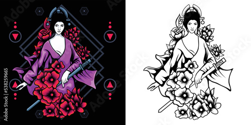 geisha illustration with sacred geometry background