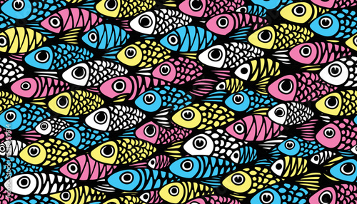 Seamless vector pattern with colorful fish in printed colors. A large school of fish with eyes and scales swim in the same direction in CMYK colors. Dense repeating background with marine product