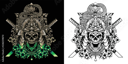 samurai skull with japanese dragon and katana illustration
