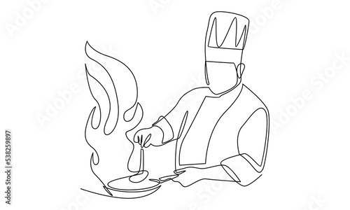 Continuous line of chef cooking gourmet meal, chef preparing food