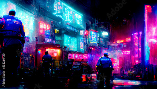The back of the police man on the street of asian cyberpunk city, neon lights on blurred background