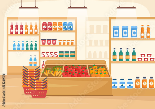 Grocery Store or Supermarket with Food Product Shelves, Racks Dairy, Fruits and Drinks for Shopping in Flat Cartoon Hand Drawn Templates Illustration