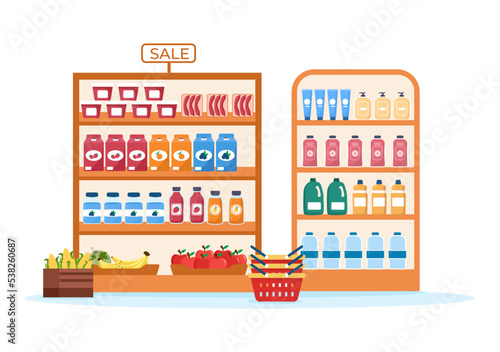 Fototapeta Naklejka Na Ścianę i Meble -  Grocery Store or Supermarket with Food Product Shelves, Racks Dairy, Fruits and Drinks for Shopping in Flat Cartoon Hand Drawn Templates Illustration