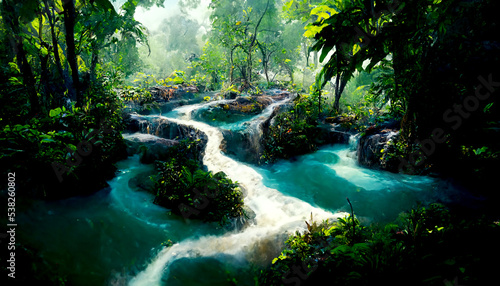 Beautiful river in lush jungle with waterfalls  The river flows through the mountains and the forest