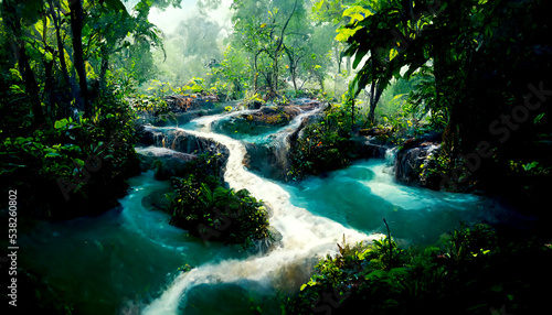 Beautiful river in lush jungle with waterfalls, The river flows through the mountains and the forest