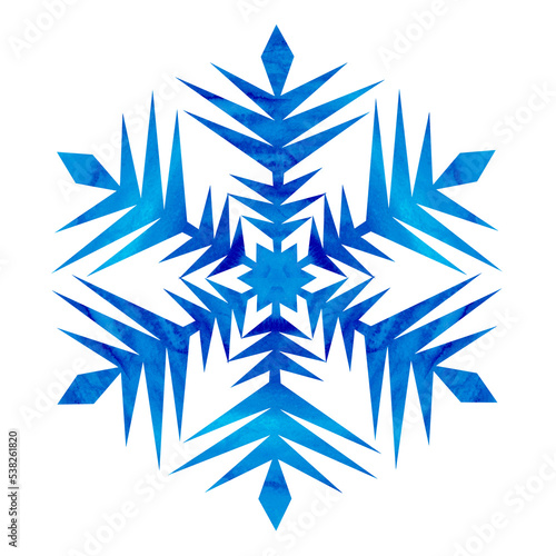 Blue snowflake drawn by hand. Watercolor illustration. Element for winter design, decorations, postcards.