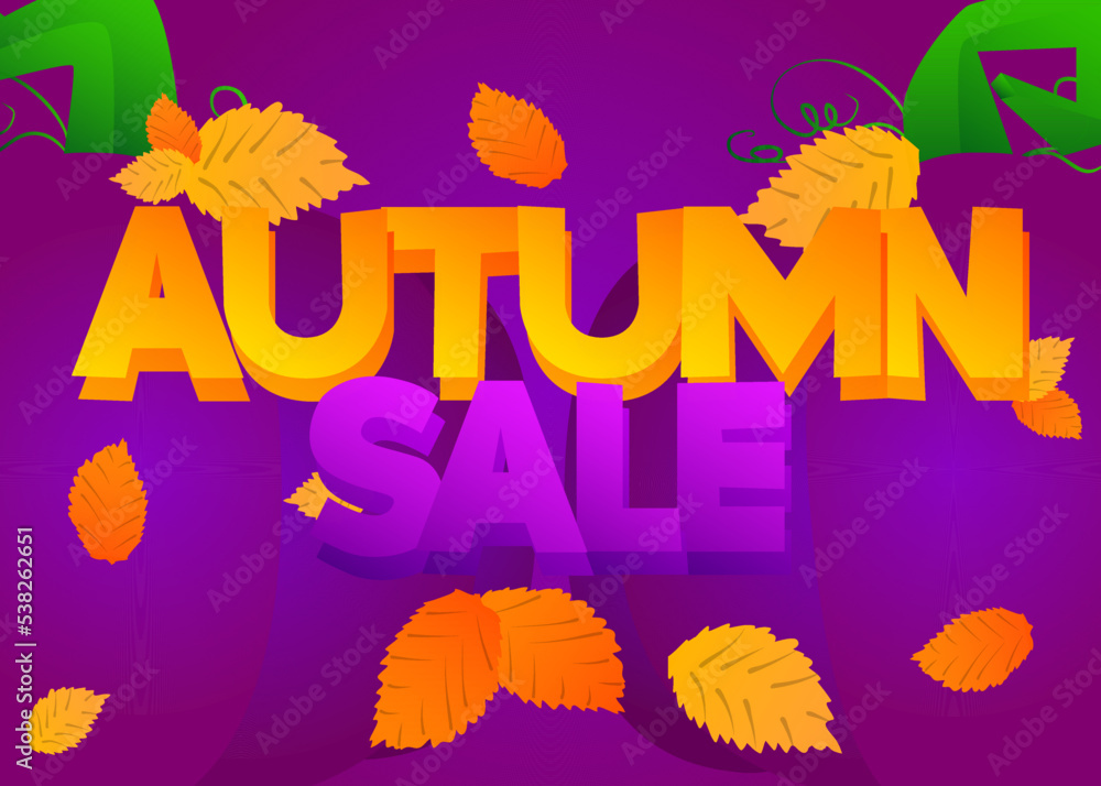 Autumn Sale. Vector illustration. Word written with Children's font in cartoon style. Special deal, season offer banner. Clearance, Discount Poster. Business, Store Event.