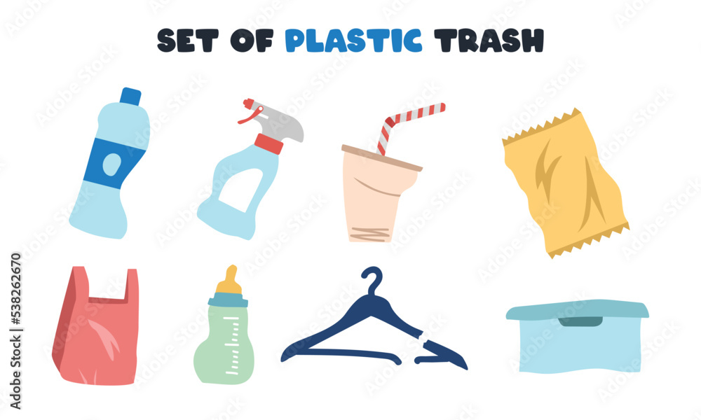 Set of plastic garbage clipart. Simple plastic trash items vector design. Plastic bottle, cup and straw, plastic bag, cracked hanger flat vector isolated on white. Distorted trash cartoon doodle Set of plastic garbage clipart. Simple plastic trash items vector design. Plastic bottle, cup and straw, plastic bag, cracked hanger flat vector isolated on white. Distorted trash cartoon doodle
