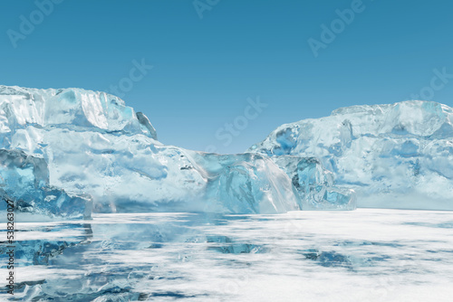 3d render Abstact stage podium background, icebreg mountain and frozen riverwith blue sky for product display, mock up and showcase, Nature realistic platform