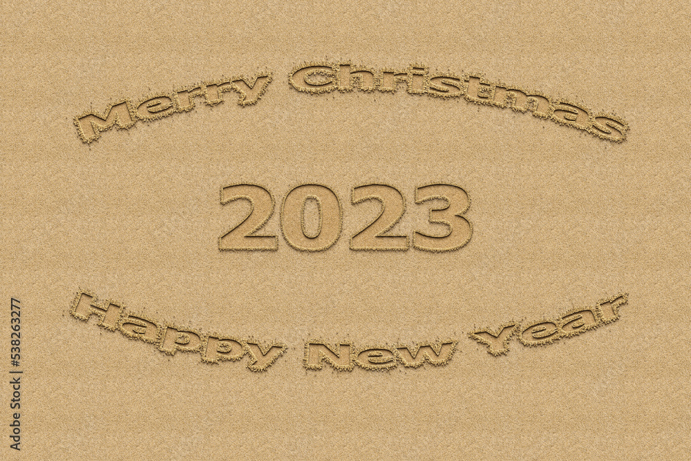 3D illustration New Year concept 2023 design with text sand design. 3D illustration New Year concept 2023 design with text sand design.