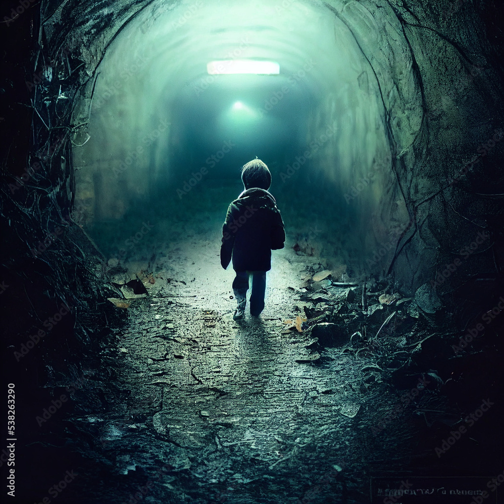 A little boy walking into an eerie looking tunnel.