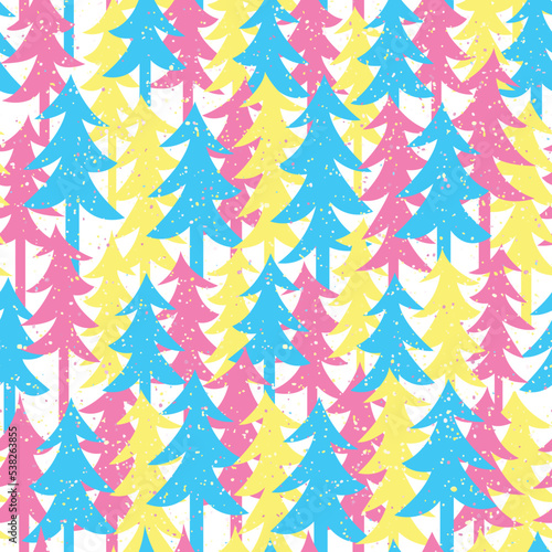 Seamless vector colorful pattern with Christmas trees in CMYK colors and snow. Christmas background with falling snowflakes in the forest. New Year's winter print on a white background.