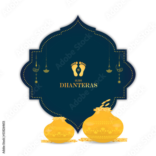 Illustration of golden pots and coins isolated on white background for dhanteras festival photo