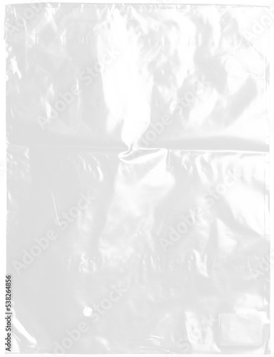 plastic transparent cellophane bag on white background. The texture looks blank and shiny. The plastic surface is wrinkly and tattered making abstract pattern. photo