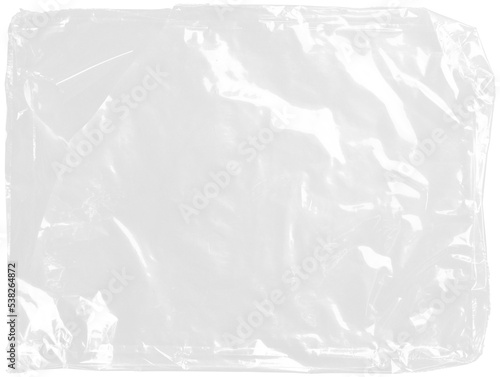 plastic transparent cellophane bag on white background. The texture looks blank and shiny. The plastic surface is wrinkly and tattered making abstract pattern.
