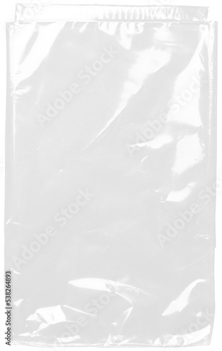 plastic transparent cellophane bag on white background. The texture looks blank and shiny. The plastic surface is wrinkly and tattered making abstract pattern.