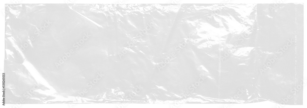 plastic transparent cellophane bag on white background. The texture looks blank and shiny. The plastic surface is wrinkly and tattered making abstract pattern. - obrazy, fototapety, plakaty 