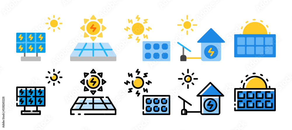 Solar panel icon set. Solar energy icon vector illustration with flat  and filled line style