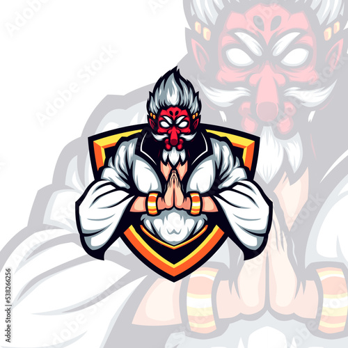 Red Face Tengu Masked White Kimono Prayer Vector Mascot