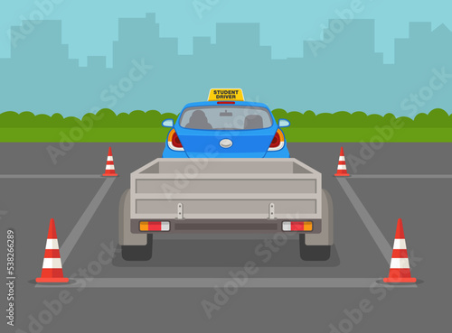 Blue sedan making a trailer towing practice. How to reverse park. Back into a parking lot. Flat vector illustration template.