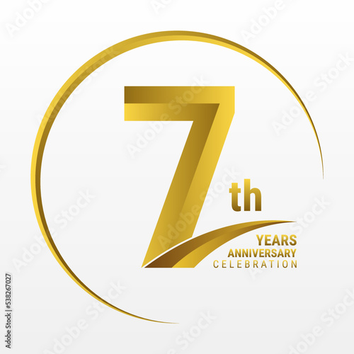 7th Anniversary Logo, Logo design for anniversary celebration with gold color isolated on white background, vector illustration