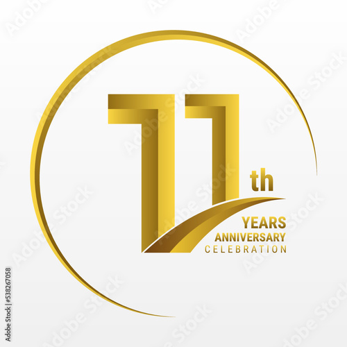 11th Anniversary Logo, Logo design for anniversary celebration with gold color isolated on white background, vector illustration
