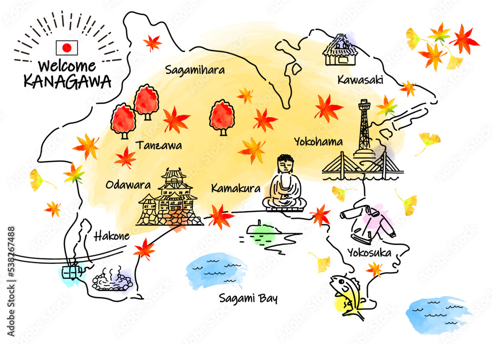 秋の神奈川県の観光地のシンプル線画イラストマップ
