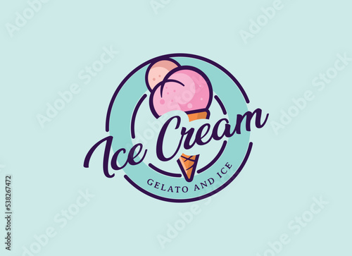Logo Ice cream. Italian ice cream emblem. Ice cream in a waffle cone with letters in a circle.