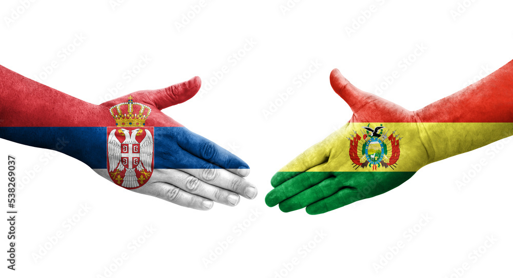 Handshake between Bolivia and Serbia flags painted on hands, isolated transparent image.
