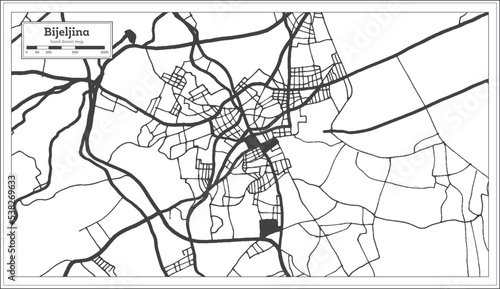 Bijeljina Bosnia and Herzegovina City Map in Black and White Color in Retro Style Isolated on White.