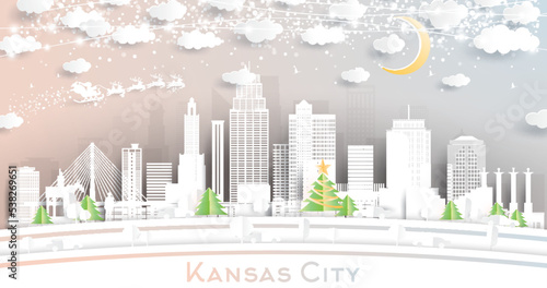 Kansas City Missouri Skyline in Paper Cut Style with Snowflakes, Moon and Neon Garland.