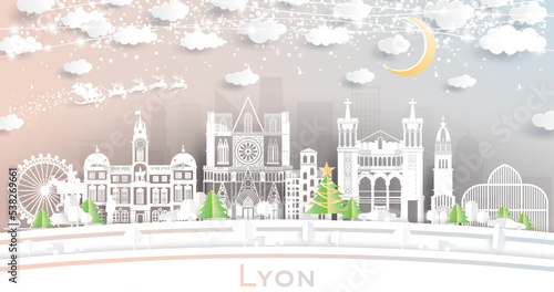 Lyon France City Skyline in Paper Cut Style with Snowflakes, Moon and Neon Garland.