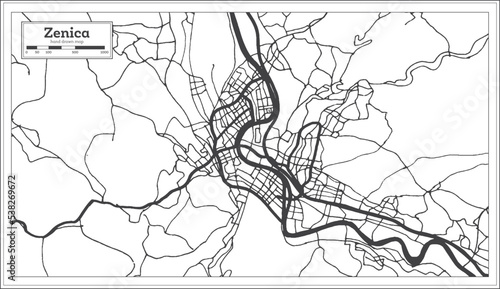 Zenica Bosnia and Herzegovina City Map in Black and White Color in Retro Style Isolated on White.
