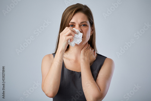 Young woman allergic with symptom of allergies. isolated advertising portrait.