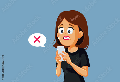 Stressed Woman Receiving a Rejection Message Vector Cartoon. Stressed lady getting a block notification of online rejection
