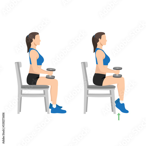 Woman doing seated dumbbell or chair calf raises. Keep both legs at a 90-degree angle. Extend the heels of pushing the toes on the ground and lifting the heels of pushing. Flat vector illustration