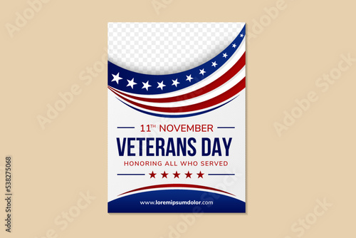 Happy Memorial Day poster with text and american flag gradient. Vector template for National American holiday event. happy veterans day, 11th november vertical layout flyer design. space for photo. 