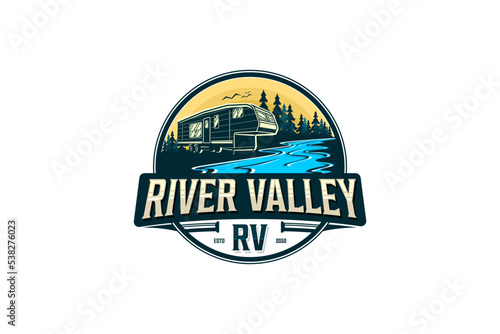 Recreational Vehicle logo design holiday journey traveler river lake scene car trailer