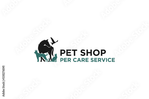 Veterinarian logo design pet shop with silhouette animal horse dog cat icon symbol silhouette animal care