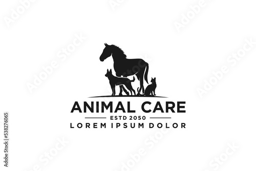 Veterinarian logo design with silhouette animal horse dog cat icon symbol silhouette animal care