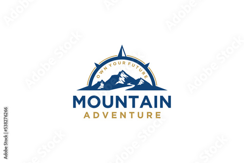 Mountain logo compass windrose design rounded shape rocky peak adventure outdoor