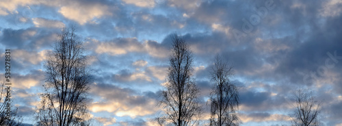 Dark and glowing red clouds clouds in the blue sky at sunrise.Dark red cloudy landscape. The beauty of nature  panorama