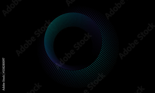 abstract circles dot line pattern round frame colorful blue green gradient light isolated on black background. Vector illustration in concept digital, technology, modern, science.