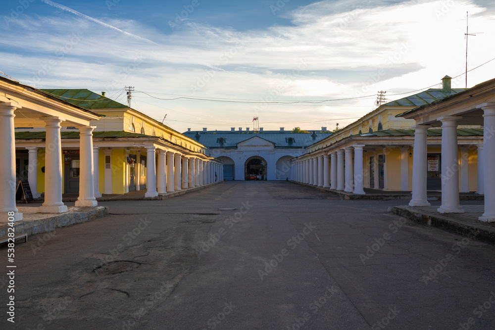 Early August morning in the ancient Trading Rows (trade and warehouse complex of the late XVIII - early XIX centuries), Kostroma