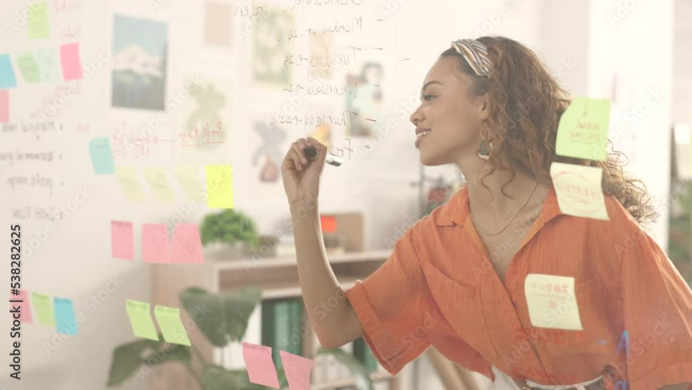 Fashion, sticky note and black woman planning a strategy, agenda or