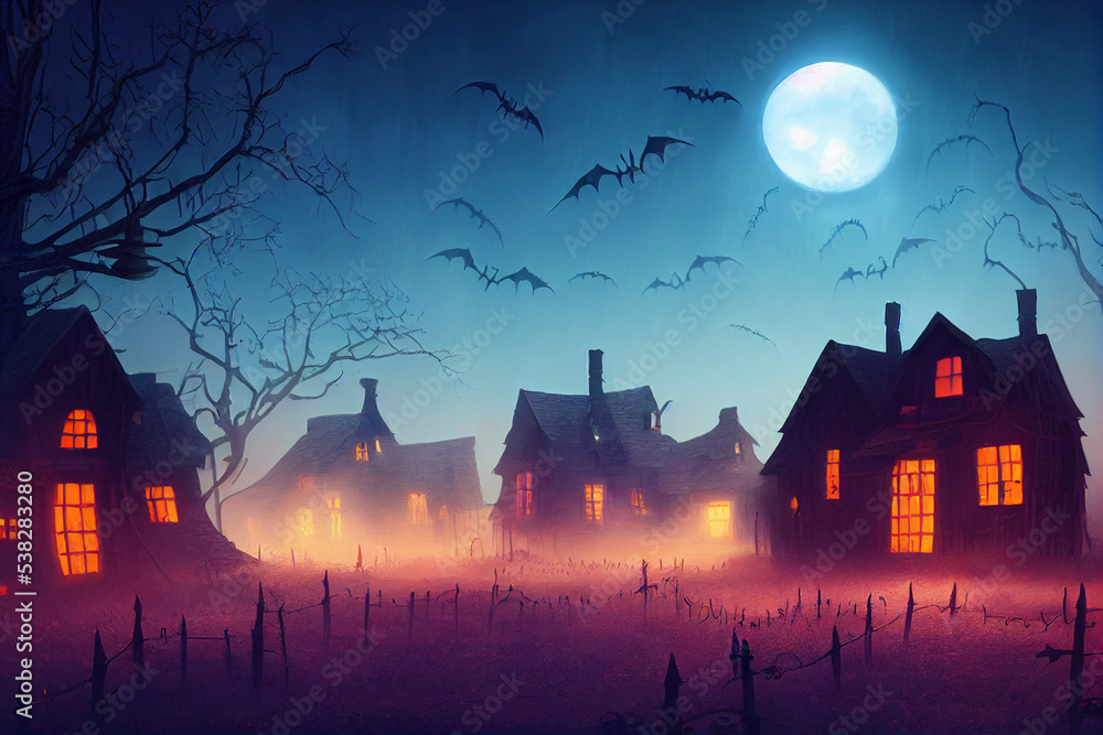 halloween background with horror house and bats moonlight 