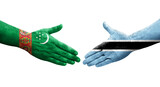 Handshake between Botswana and Turkmenistan flags painted on hands, isolated transparent image.